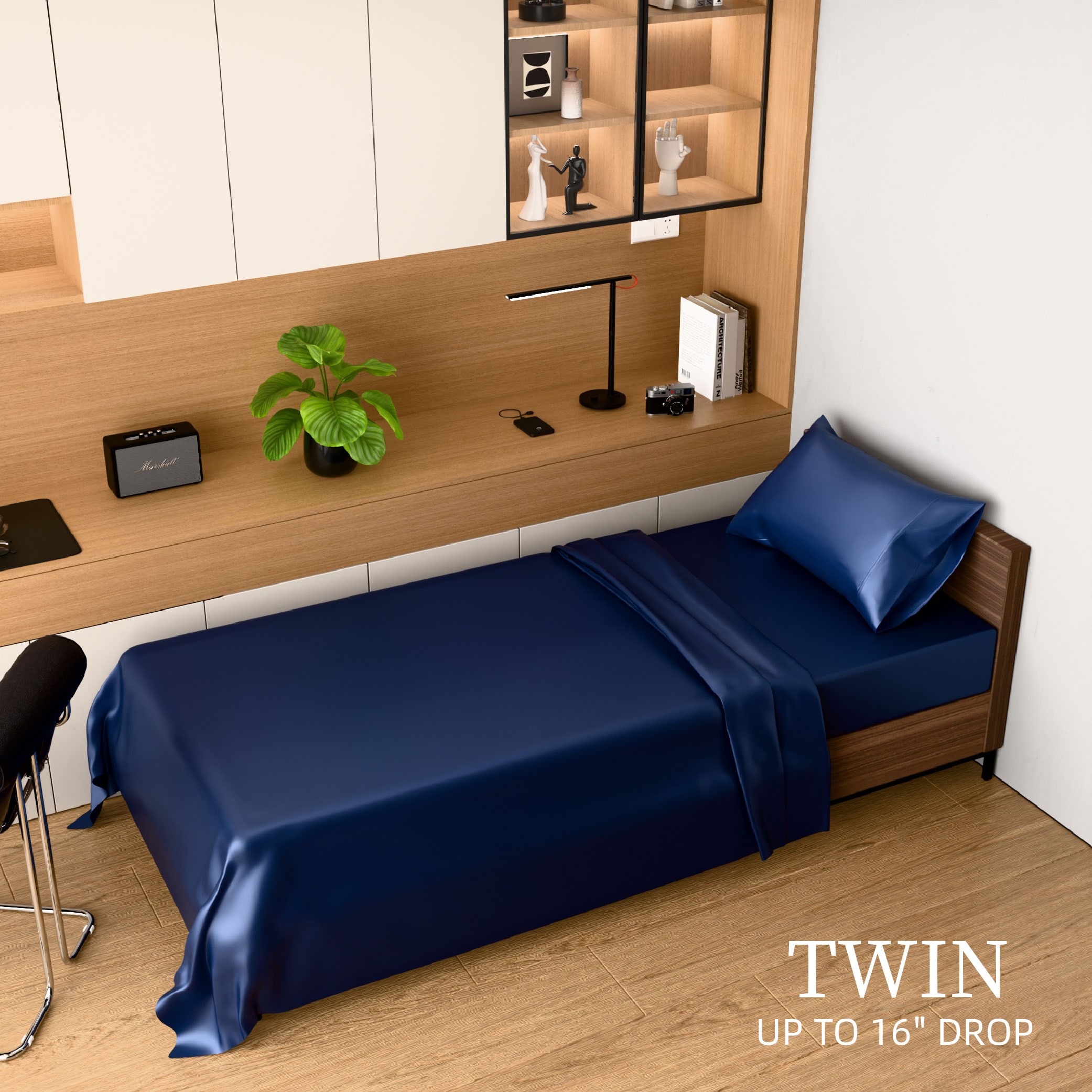 Satin Bed Sheets, Twin Size Sheets Set, 3 Pcs Silky Bedding Set With 15 Inches Deep Pocket For Mattress (Twin, Navy Blue)_voghion.com